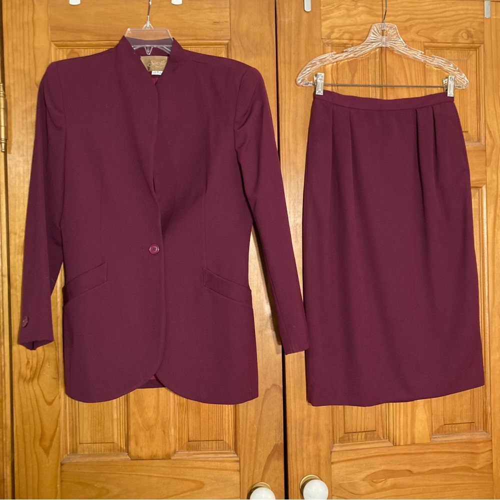 NWOT Saville Vintage 80s Skirt Suit 100% Wool Midi Blazer Wine Red Size 8